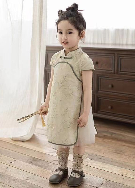 Handmade Orange Stand Collar Tulle Patchwork Kids Maxi Dresses Short Sleeve Mn003