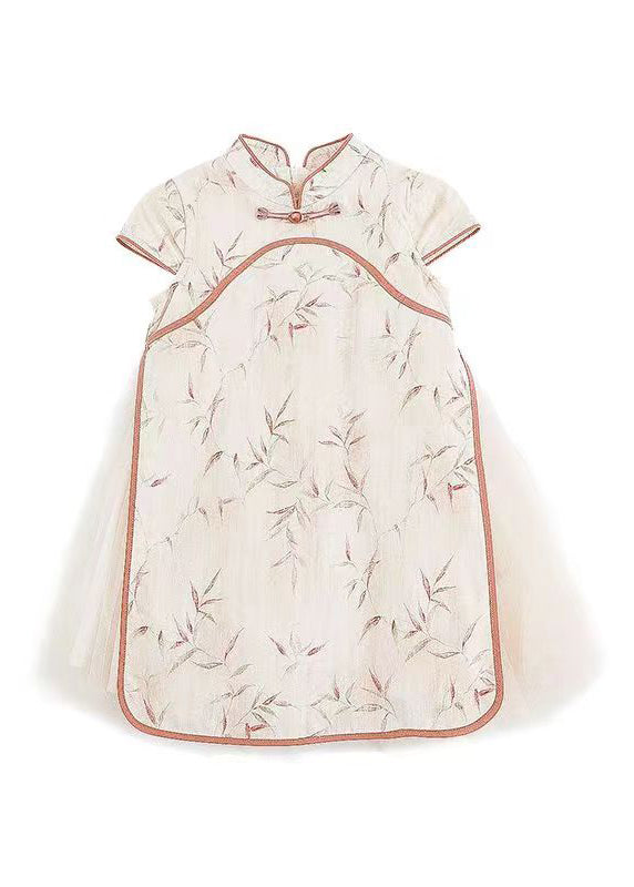 Handmade Orange Stand Collar Tulle Patchwork Kids Maxi Dresses Short Sleeve Mn003