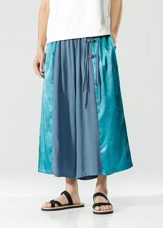 Handmade Peacock Blue Tasseled Patchwork Ice Silk Crop Pants Summer Sa059