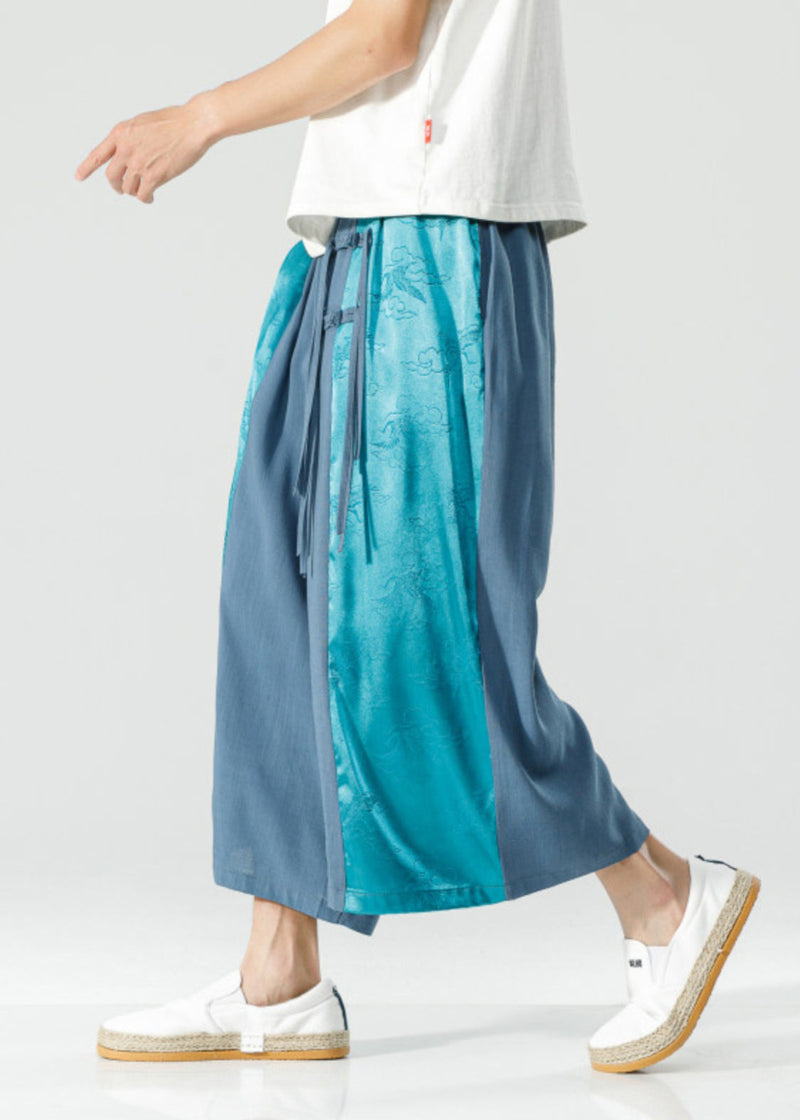 Handmade Peacock Blue Tasseled Patchwork Ice Silk Crop Pants Summer Sa059