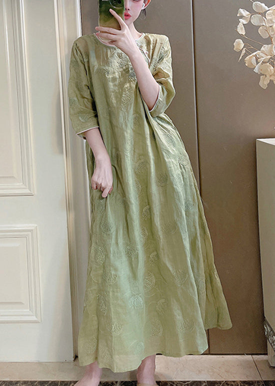 Handmade Pink O-neck Embroidered Linen Long Dresses Summer Xx036