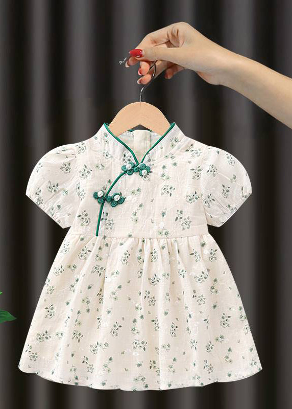 Handmade Pink Stand Collar Print Kids Maxi Dresses Short Sleeve Mn018