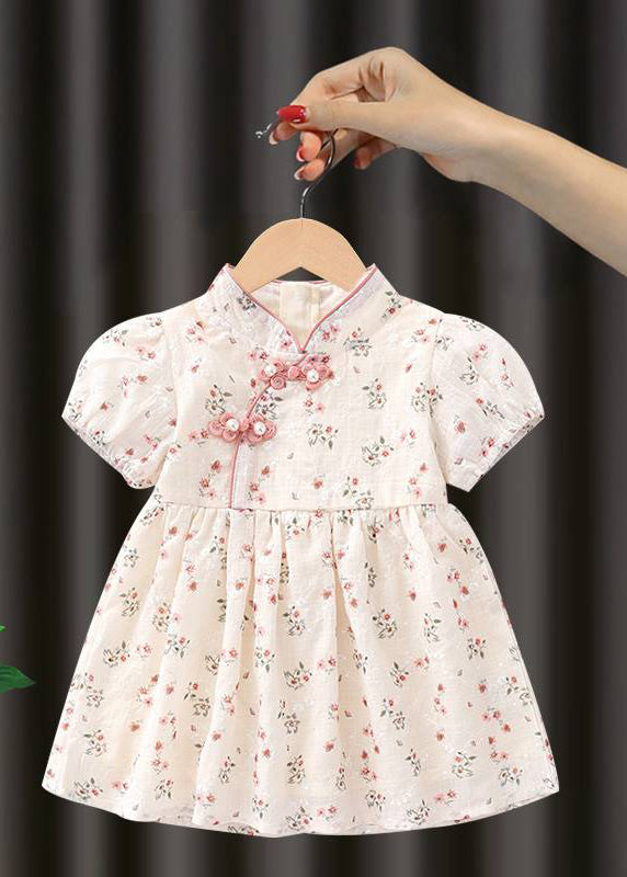 Handmade Pink Stand Collar Print Kids Maxi Dresses Short Sleeve Mn018