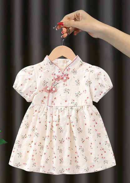 Handmade Pink Stand Collar Print Kids Maxi Dresses Short Sleeve Mn018