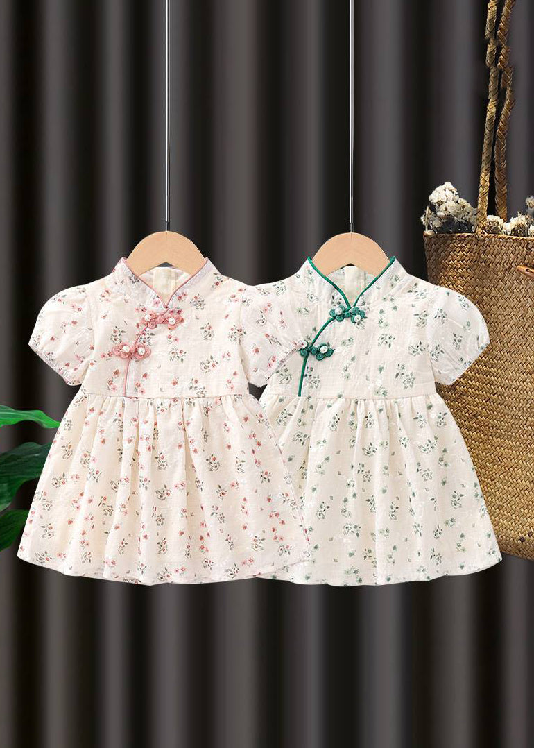 Handmade Pink Stand Collar Print Kids Maxi Dresses Short Sleeve Mn018