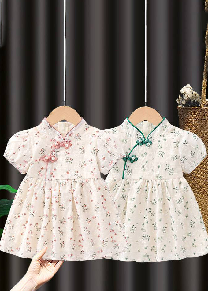 Handmade Pink Stand Collar Print Kids Maxi Dresses Short Sleeve Mn018