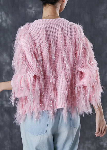 Pink Tasseled Sequins Knit Sweater