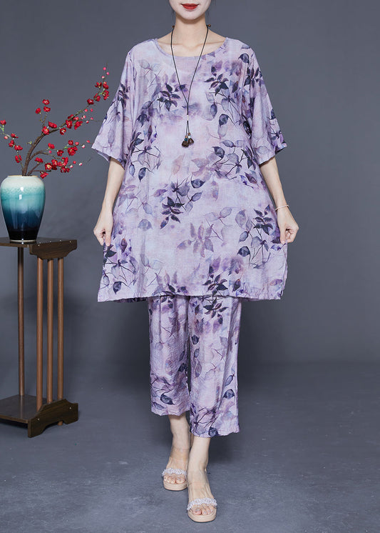 Handmade Purple O-neck Oversized Print Linen Silk Two-piece Set Summer Ly1853