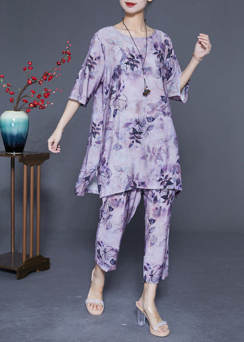 Handmade Purple O-neck Oversized Print Linen Silk Two-piece Set Summer Ly1853