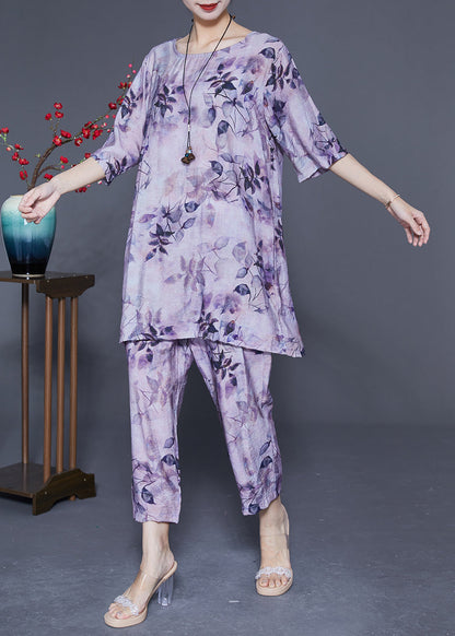 Handmade Purple O-neck Oversized Print Linen Silk Two-piece Set Summer Ly1853