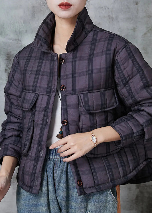 Handmade Purple Plaid Pockets Fine Cotton Filled Witner Coats Jk1021
