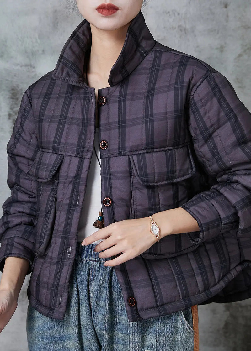 Handmade Purple Plaid Pockets Fine Cotton Filled Witner Coats Jk1021