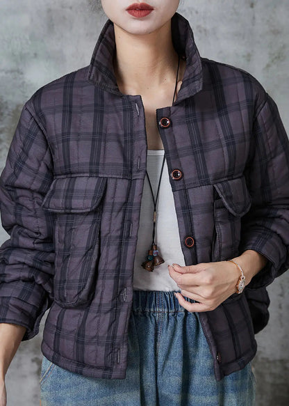 Handmade Purple Plaid Pockets Fine Cotton Filled Witner Coats Jk1021