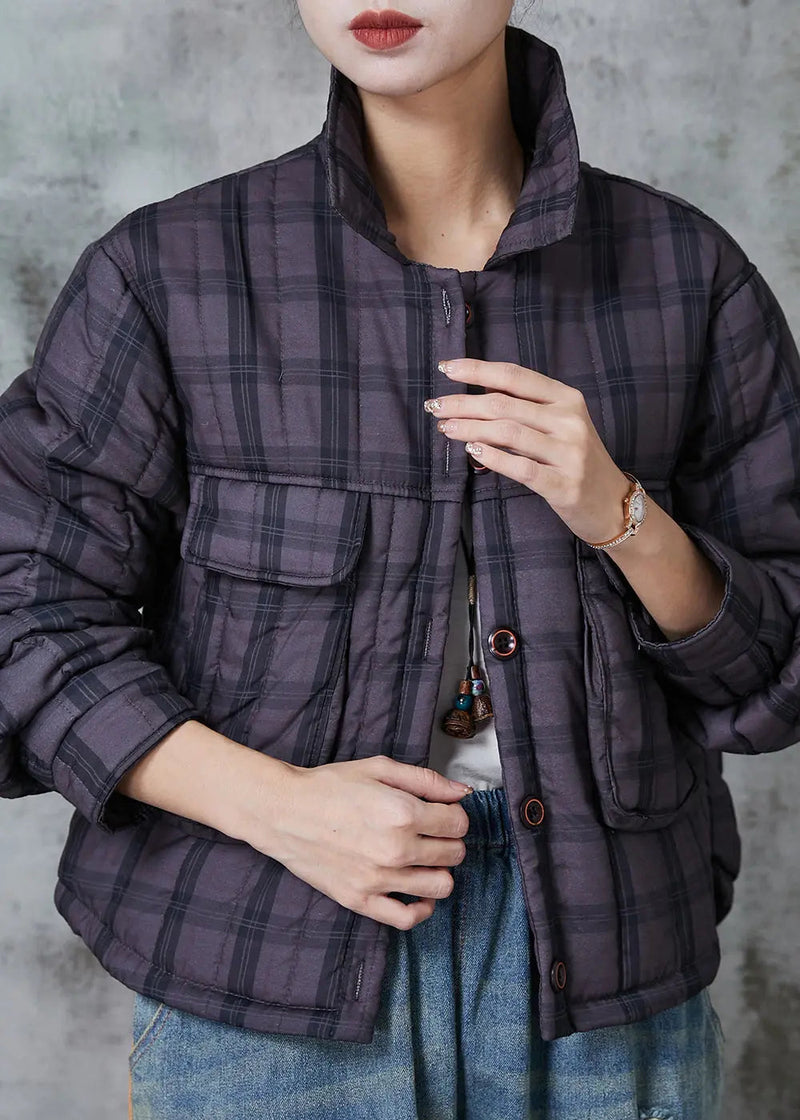 Handmade Purple Plaid Pockets Fine Cotton Filled Witner Coats Jk1021