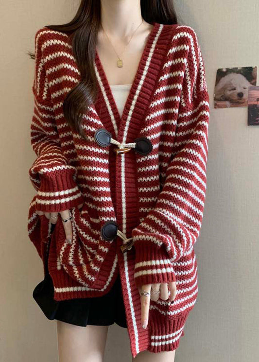 Handmade Red V Neck Striped Knit Cardigan Winter Rg036