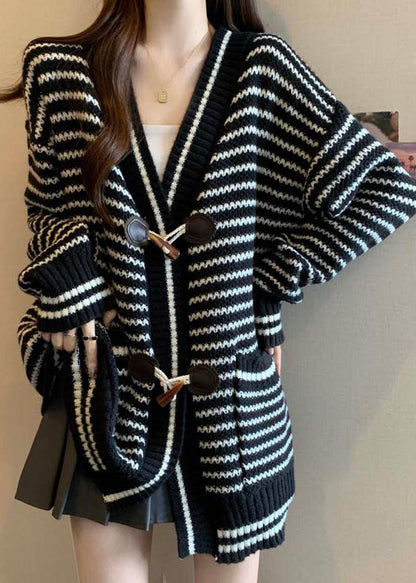 Handmade Red V Neck Striped Knit Cardigan Winter Rg036