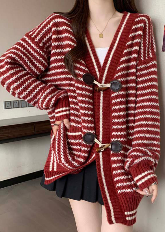 Handmade Red V Neck Striped Knit Cardigan Winter Rg036