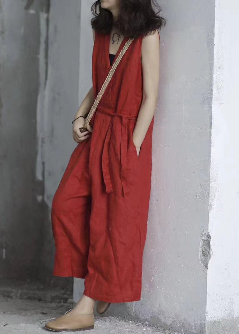 Handmade Red V Neck Tie Waist Linen Jumpsuit Sleeveless Qk020