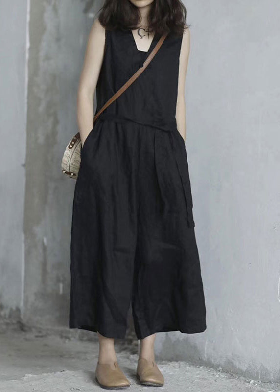 Handmade Red V Neck Tie Waist Linen Jumpsuit Sleeveless Qk020