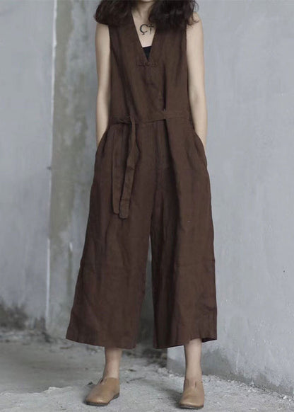 Handmade Red V Neck Tie Waist Linen Jumpsuit Sleeveless Qk020
