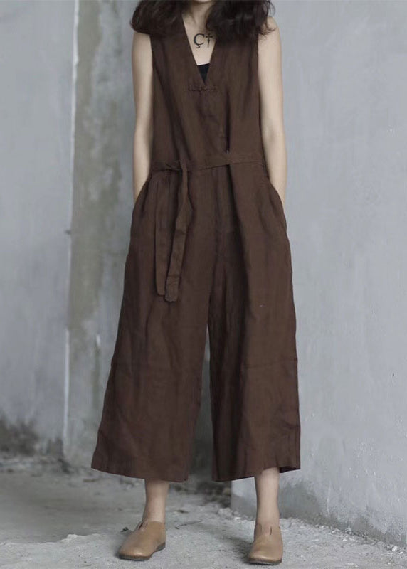 Handmade Red V Neck Tie Waist Linen Jumpsuit Sleeveless Qk020