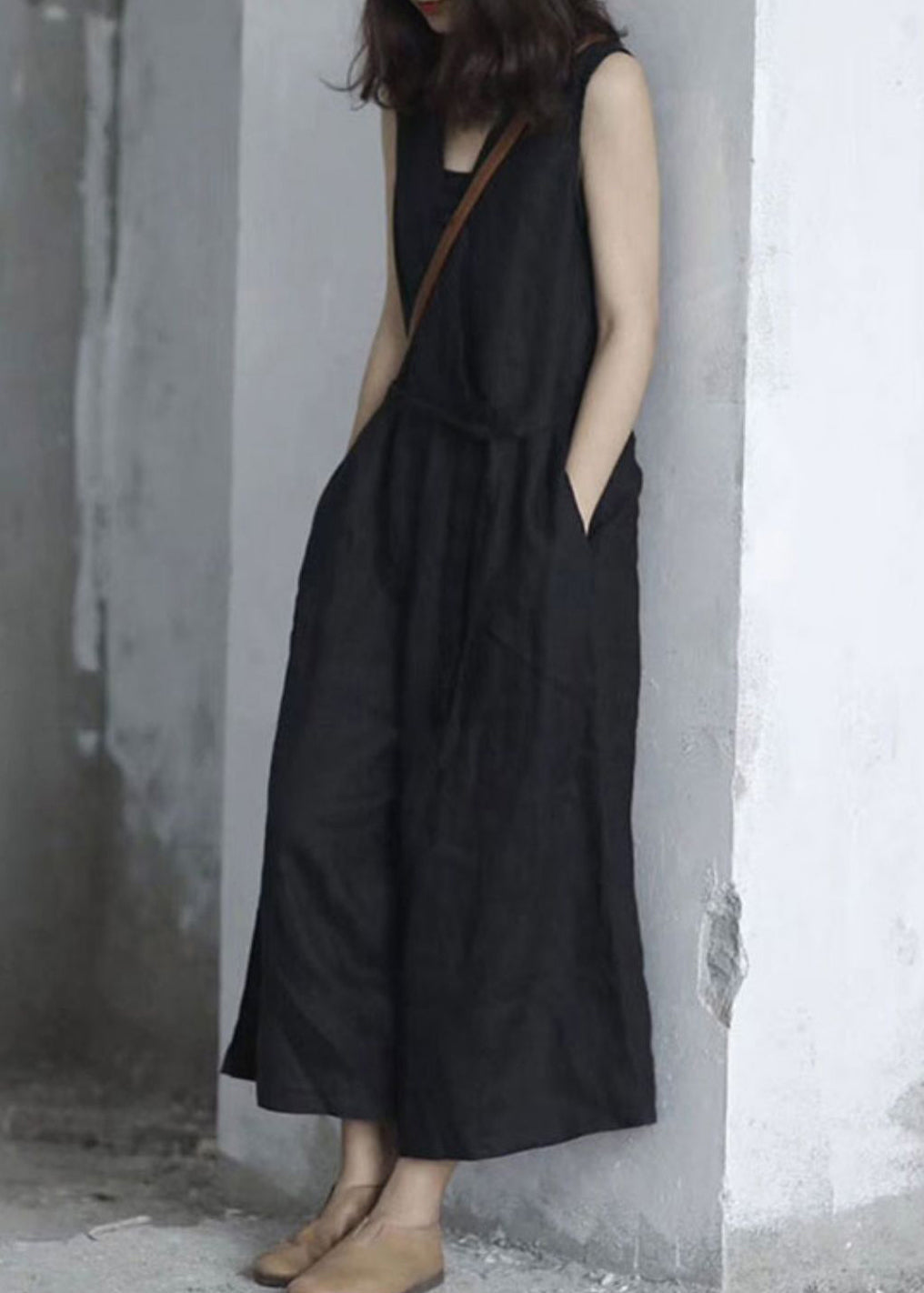 Handmade Red V Neck Tie Waist Linen Jumpsuit Sleeveless Qk020