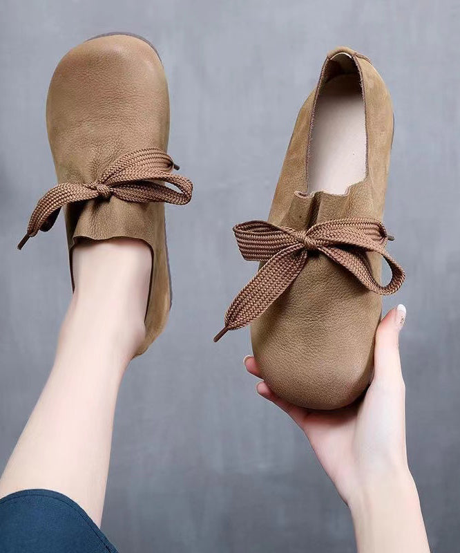 Handmade Retro Coffee Cowhide Leather Flats Shoes Wt014