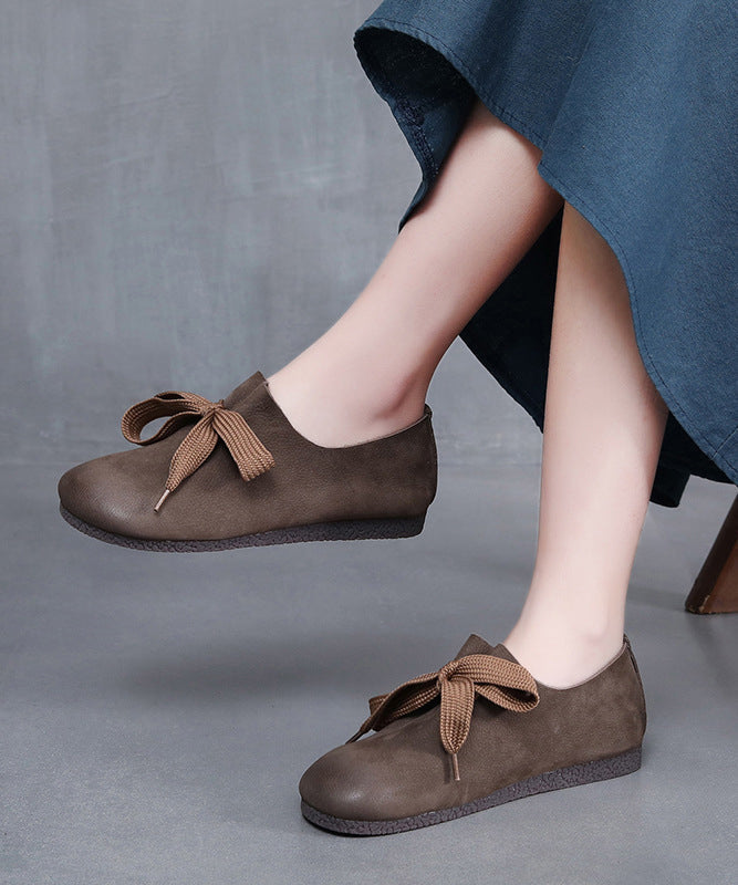Handmade Retro Coffee Cowhide Leather Flats Shoes Wt014
