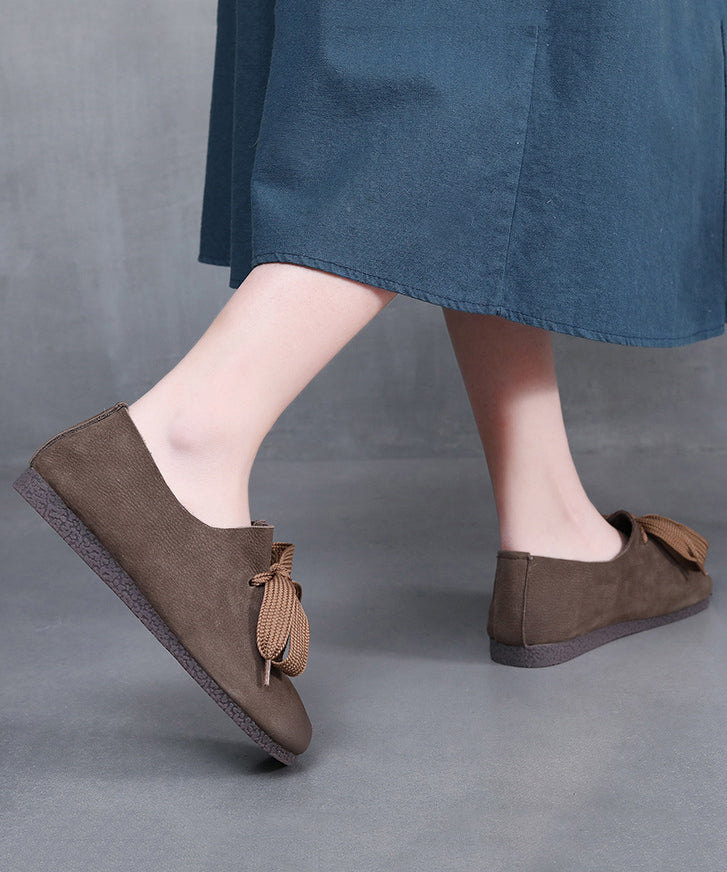 Handmade Retro Coffee Cowhide Leather Flats Shoes Wt014