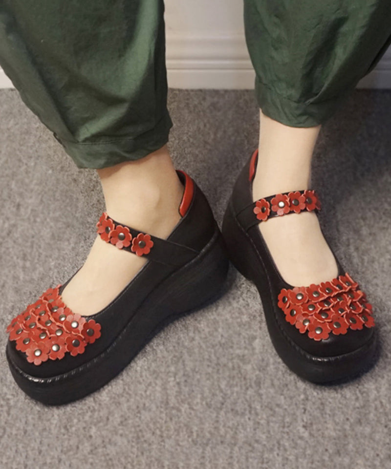 Handmade Retro Flower Buckle Strap High Wedge Heels Shoes Cz1034