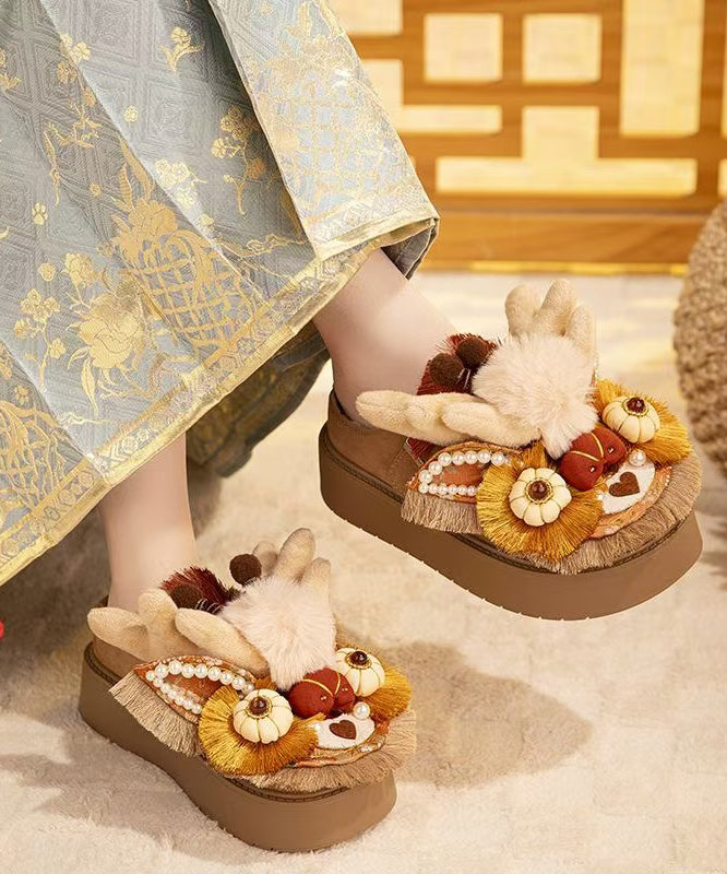 Handmade Splicing Platform Slippers Shoes Brown Fuzzy Wool Lined Tq050