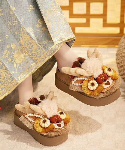 Handmade Splicing Platform Slippers Shoes Brown Fuzzy Wool Lined Tq050