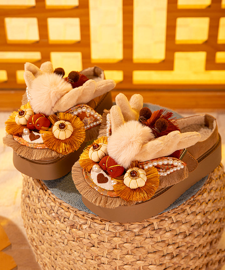 Handmade Splicing Platform Slippers Shoes Brown Fuzzy Wool Lined Tq050