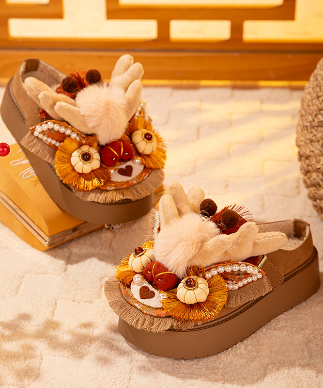 Handmade Splicing Platform Slippers Shoes Brown Fuzzy Wool Lined Tq050