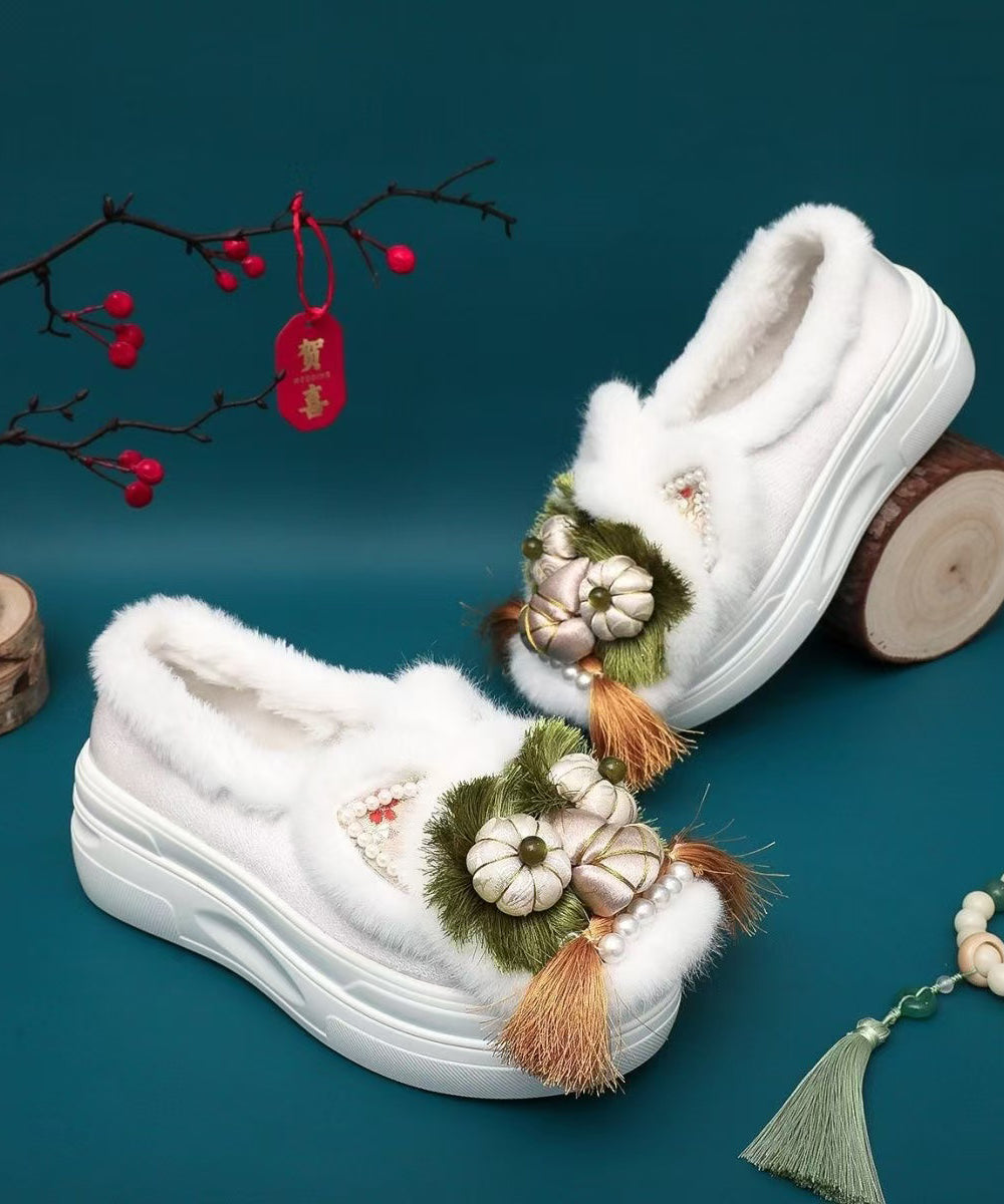 Handmade Splicing Tassel Nail Bead Platform Flat Shoes Coffee Fuzzy Wool Lined Tq039