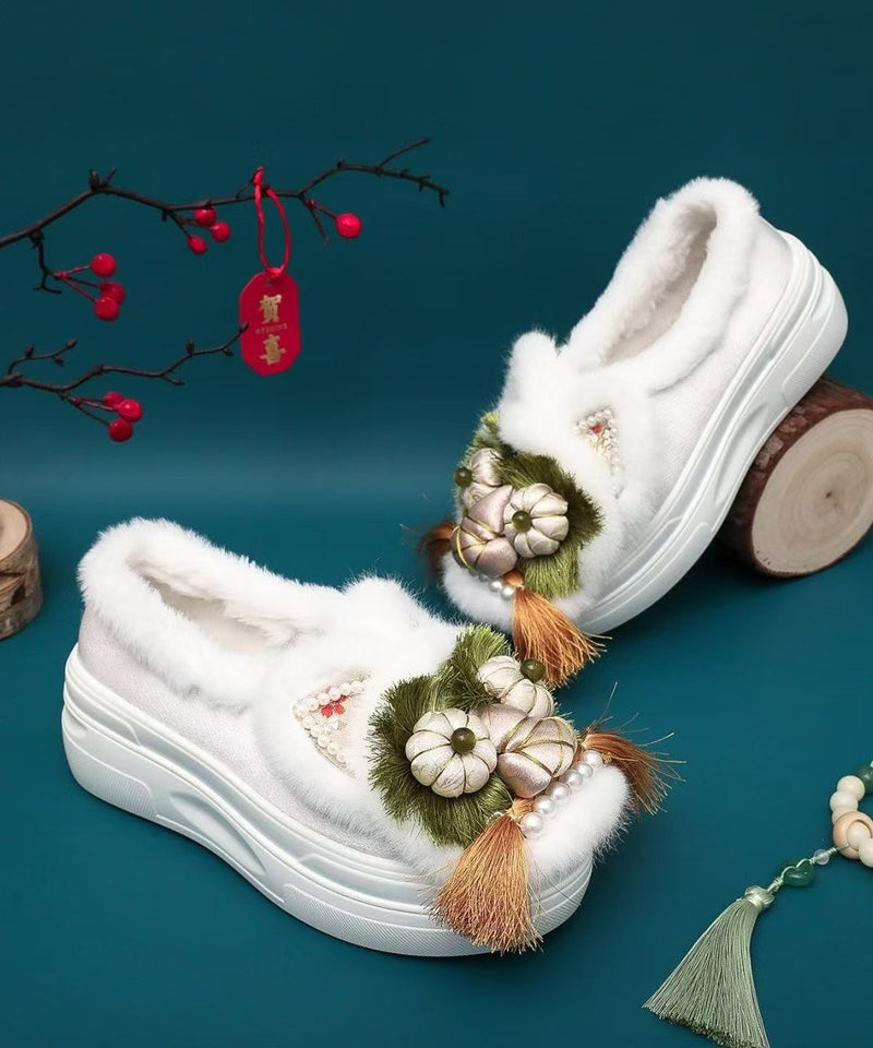 Handmade Splicing Tassel Nail Bead Platform Flat Shoes Coffee Fuzzy Wool Lined Tq039