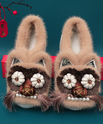Handmade Splicing Tassel Nail Bead Platform Flat Shoes Coffee Fuzzy Wool Lined Tq039