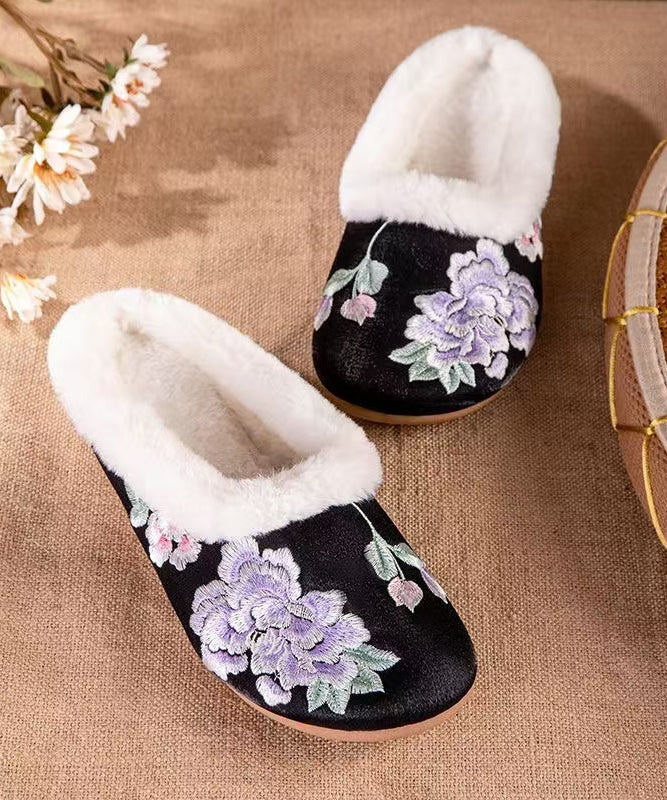 Handmade Fuzzy Wool Lined Slippers Shoes Black Satin Embroidery Rx028