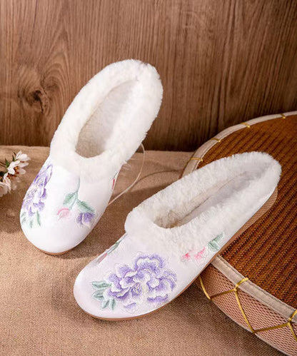 Handmade Fuzzy Wool Lined Slippers Shoes Black Satin Embroidery Rx028