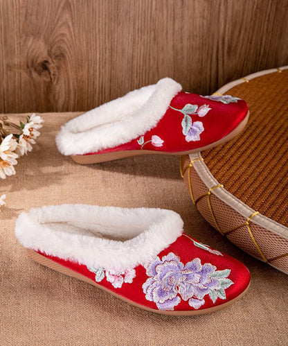 Handmade Fuzzy Wool Lined Slippers Shoes Black Satin Embroidery Rx028