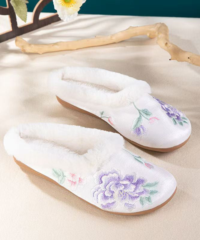 Handmade Fuzzy Wool Lined Slippers Shoes Black Satin Embroidery Rx028