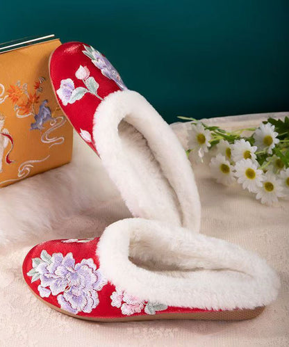 Handmade Fuzzy Wool Lined Slippers Shoes Black Satin Embroidery Rx028