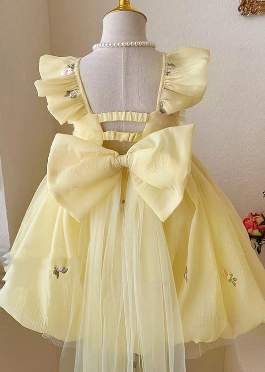 Handmade Yellow Bow Embroideried Backless Tulle Maxi Dresses Summer Ye009