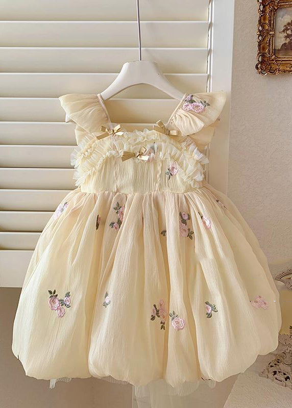 Handmade Yellow Bow Embroideried Backless Tulle Maxi Dresses Summer Ye009