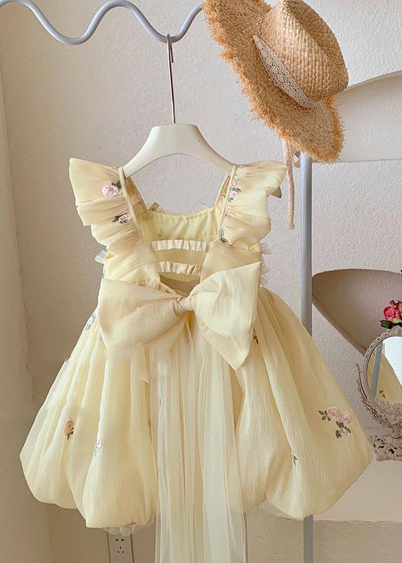 Handmade Yellow Bow Embroideried Backless Tulle Maxi Dresses Summer Ye009