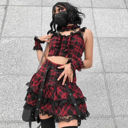 Harajuku Plaid Gothic Girl High Waist Plaided Lolita Mini Sets Japanese Skirt