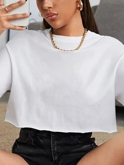 Harajuku Shirt Funny Y2k Crop Tops Black Femme Navel T-shirt Round Neck Short Loose Tee Shirt Summer