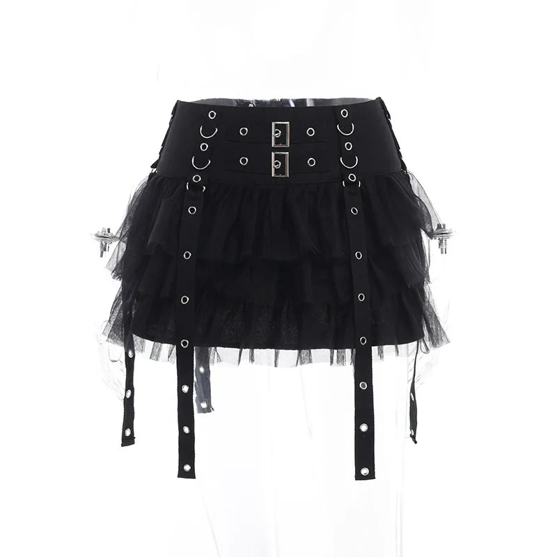 Harajuku Gothic Dark Cybery2k E-girl Hip Hop Eyelet Ribbons Mesh Patchwork Cake Skirt