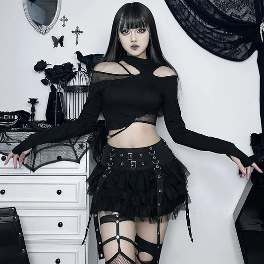 Harajuku Gothic Dark Cybery2k E-girl Hip Hop Eyelet Ribbons Mesh Patchwork Cake Skirt