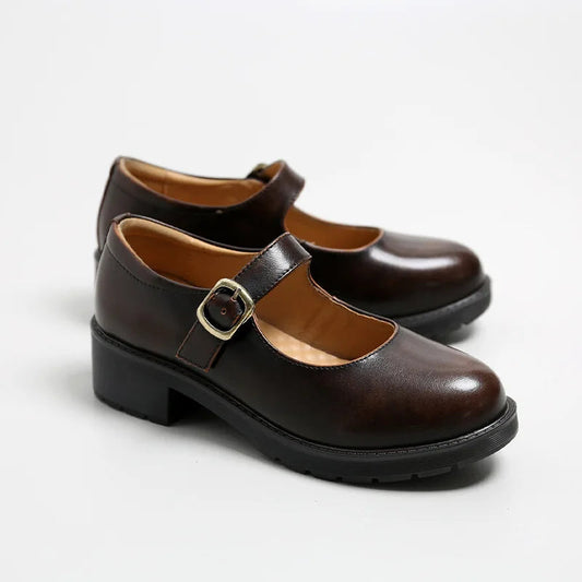 New Small Leather Shoes Round Toe Highheeled Retro Leather British College Style Shoes Mary Jane Shoes